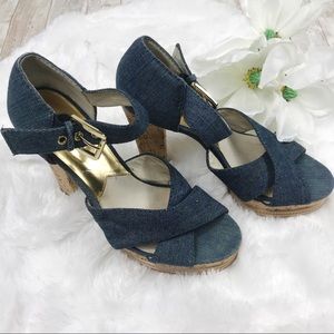 Michael Kors denim and cork heels size 10